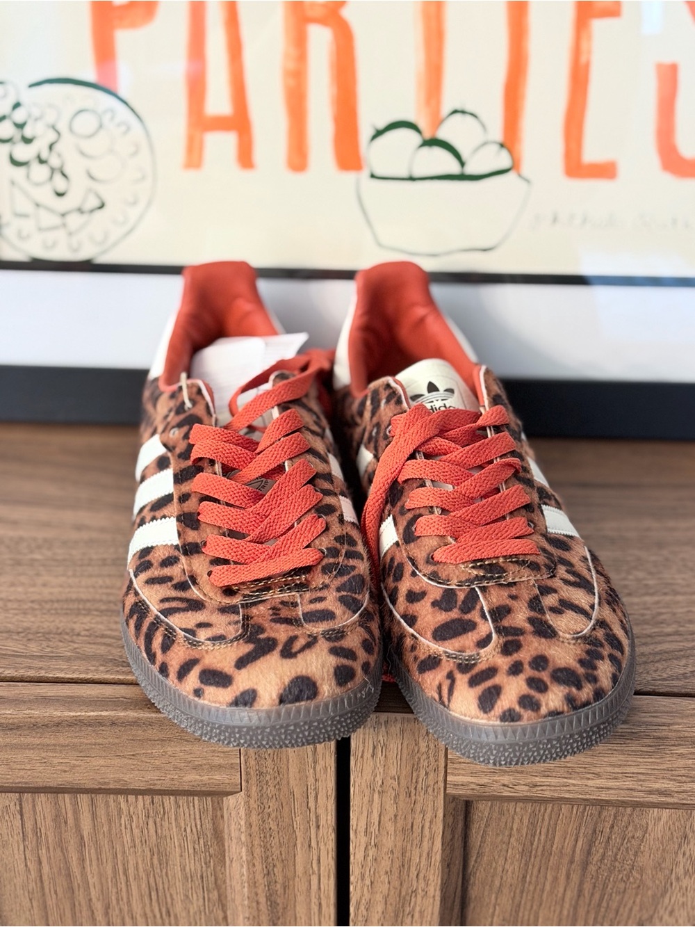 Adidas Women Cheetah Print Samba Sneakers in Brown and Red - Picture 2 of 4